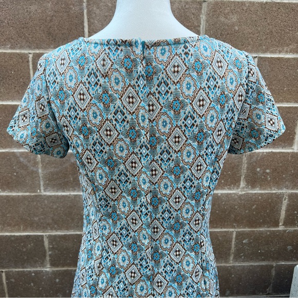 VINTAGE 1960s Babydoll Mini A-Line Shift Dress Geometric Print Blue Vtg 70s - Picture 6 of 9